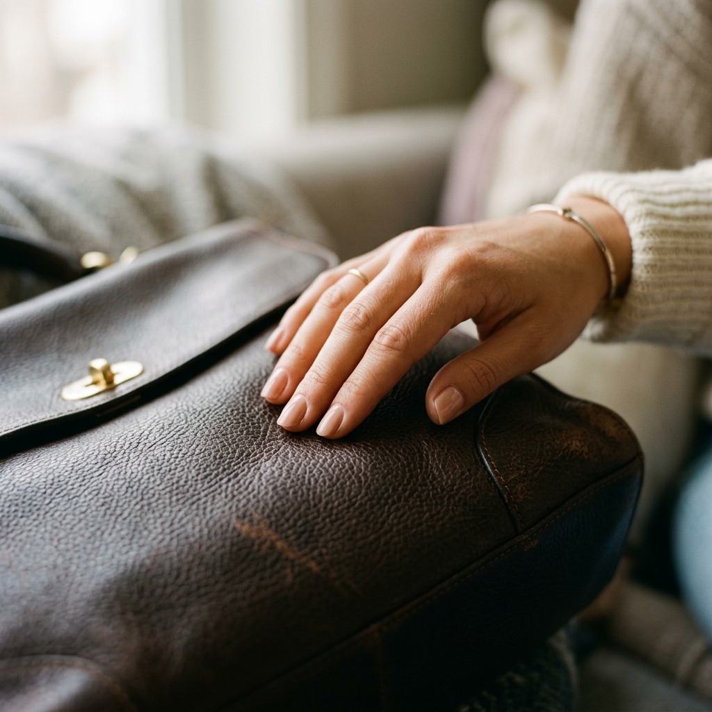 Close-up of a woman's hand touching a leather bag