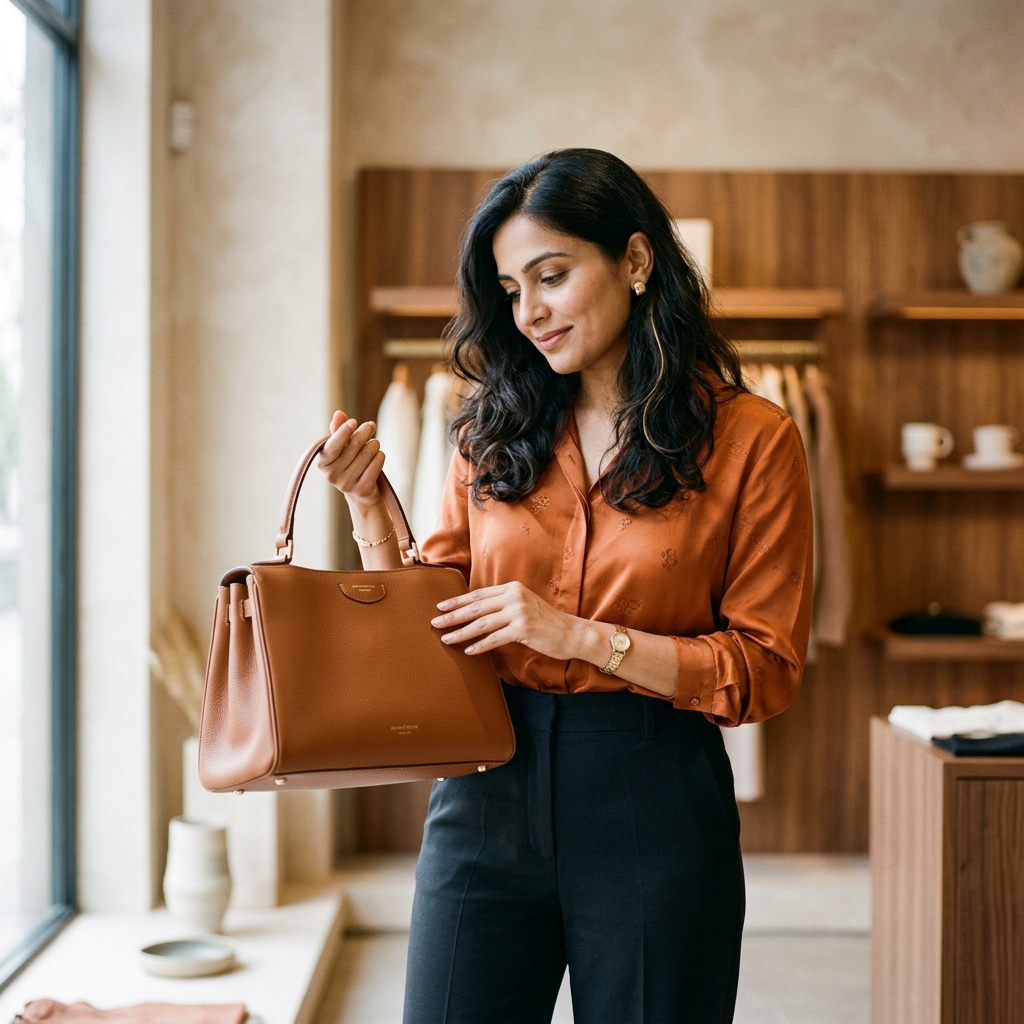 Woman looking thoughtfully at bag